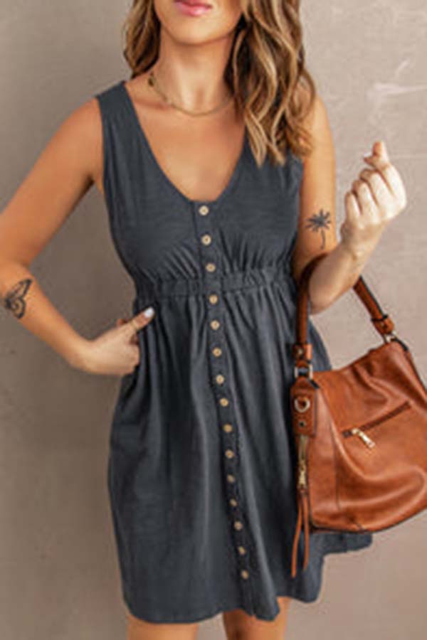 Buttons Sleeveless High Waist Mini Dress