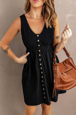 Buttons Sleeveless High Waist Mini Dress