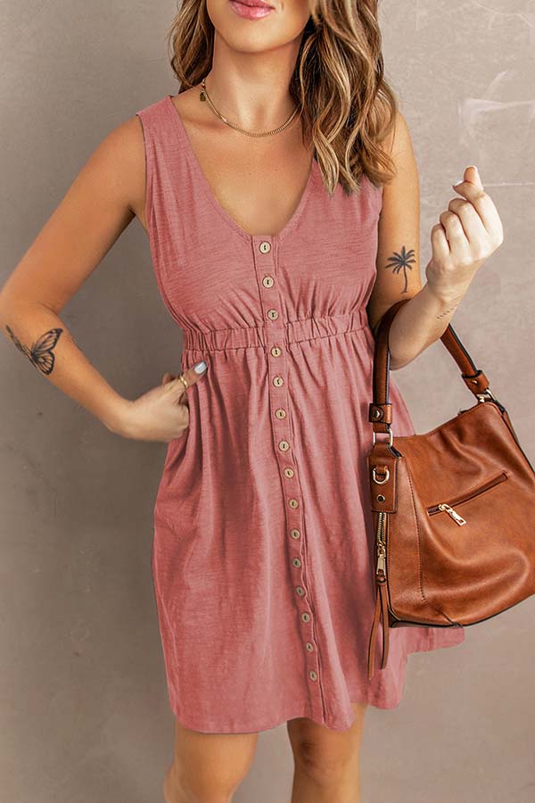 Buttons Sleeveless High Waist Mini Dress