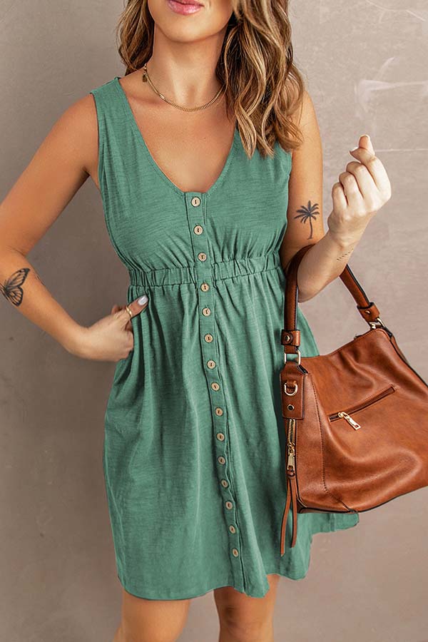 Buttons Sleeveless High Waist Mini Dress