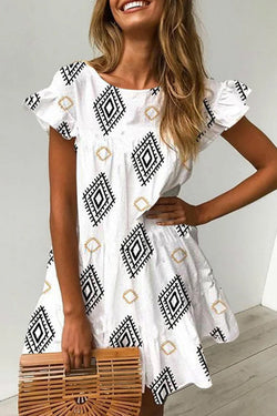 Stylish Argyle Print Ruffle Sleeves Dress