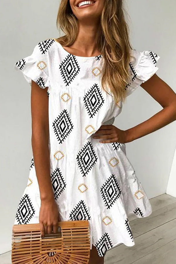 Stylish Argyle Print Ruffle Sleeves Dress