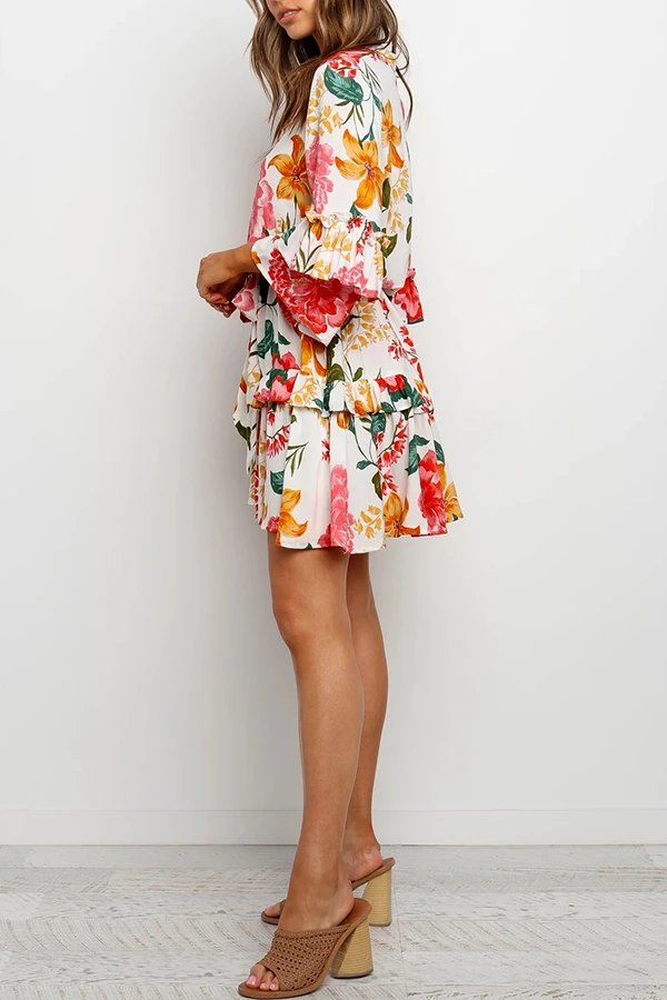 Floral Print Round Collar Pleated Dress