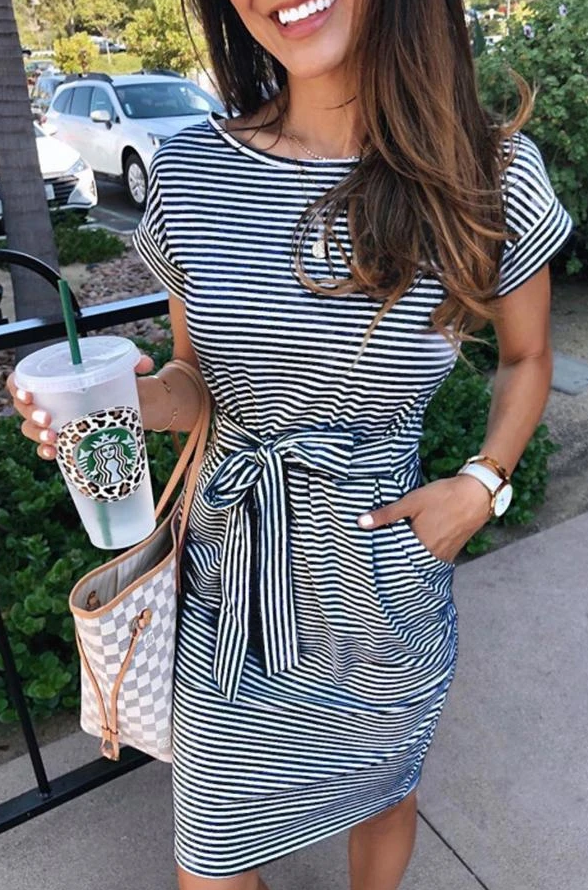 Short Sleeve Pinstripe Casual Wear Dress