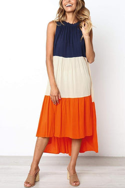 Color-lump Patchwork Sleeveless Midi Dress