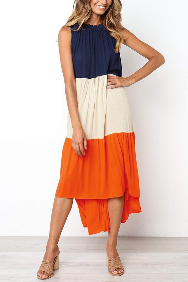 Color-lump Patchwork Sleeveless Midi Dress