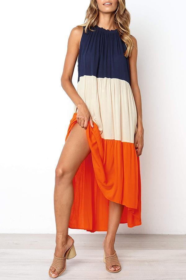 Color-lump Patchwork Sleeveless Midi Dress