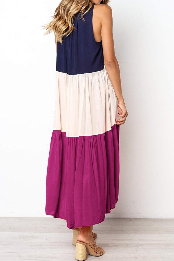 Color-lump Patchwork Sleeveless Midi Dress