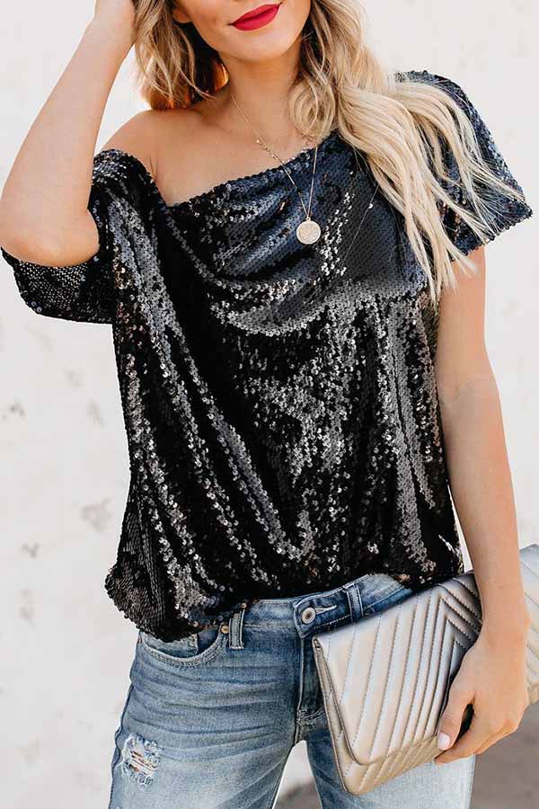 Solid Color Sequin Off Shoulder Short Sleeve Top