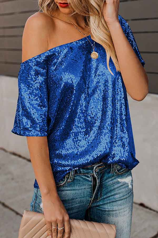 Solid Color Sequin Off Shoulder Short Sleeve Top