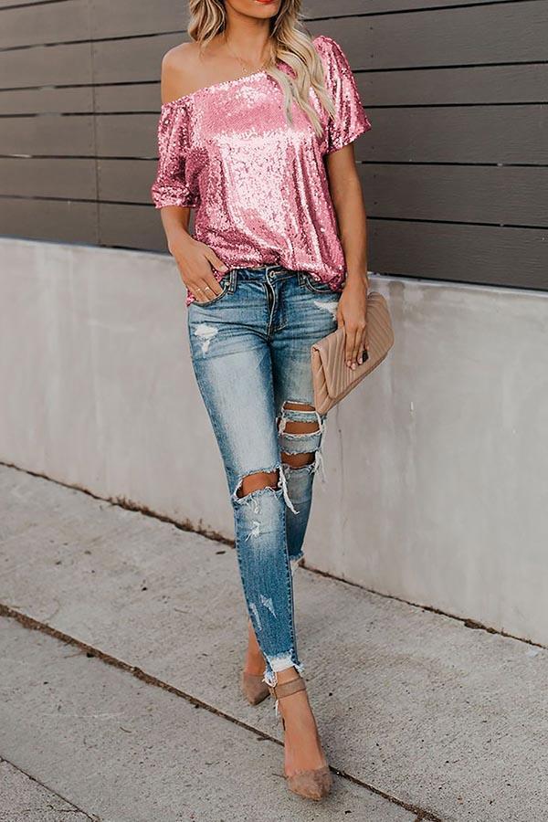 Solid Color Sequin Off Shoulder Short Sleeve Top