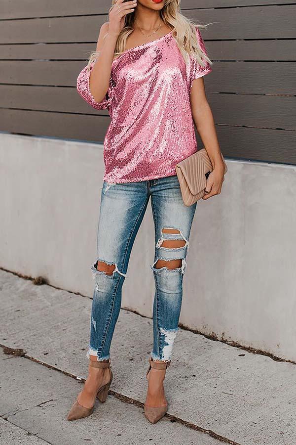 Solid Color Sequin Off Shoulder Short Sleeve Top