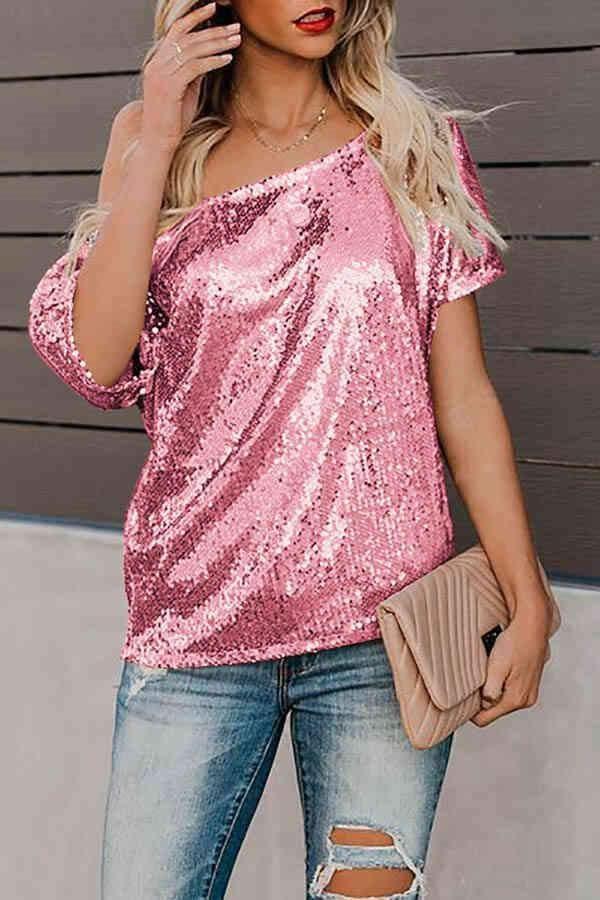 Sequin Off Shoulder Short Sleeve Top