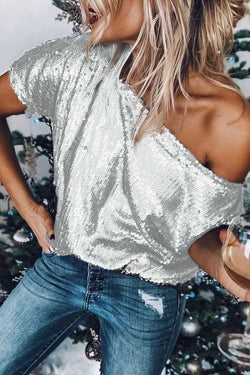 Solid Color Sequin Off Shoulder Short Sleeve Top