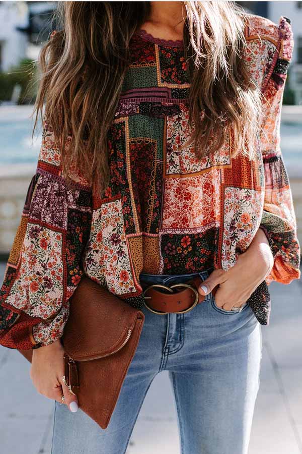 Printed Lantern Sleeve Top