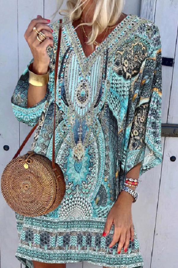 Bohemian V-neck Long Sleeve Dress