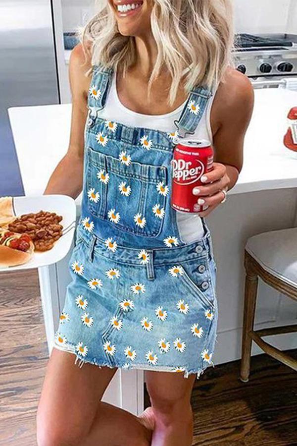 Daisy Printed Denim Suspender Dress