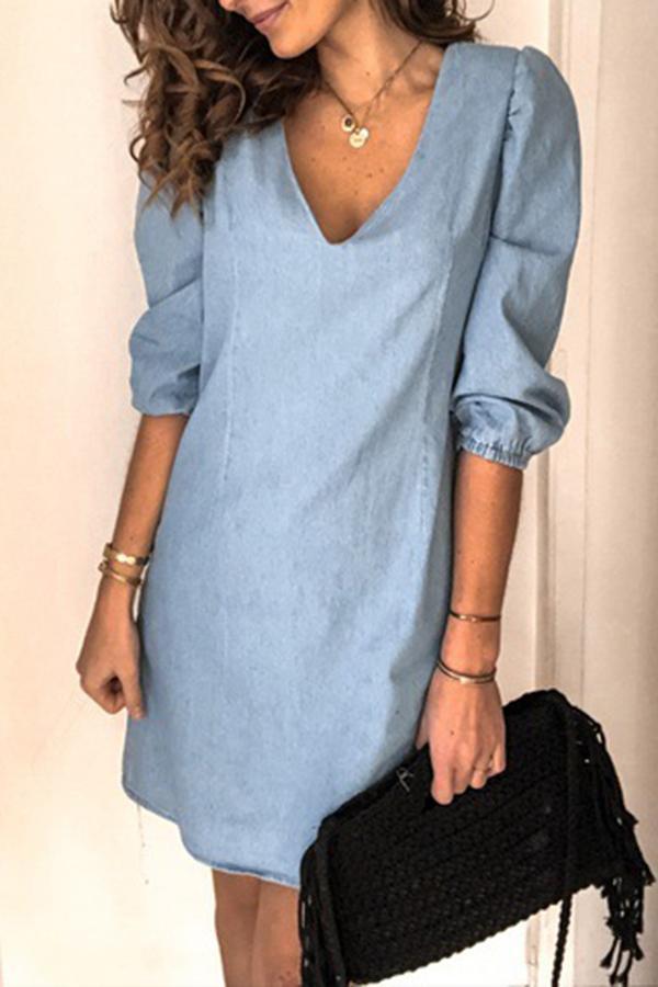 V-neck Half Sleeve Denim Dress