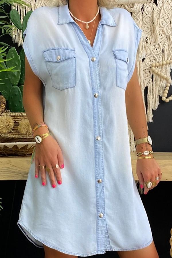 Shirt Collar Denim Dress(With Buttons)