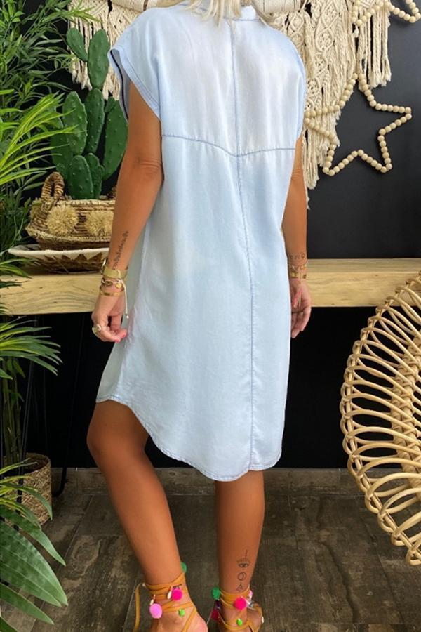 Shirt Collar Denim Dress(With Buttons)