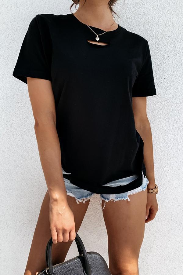 Stylish Solid Color Ripped-holes T-shirt