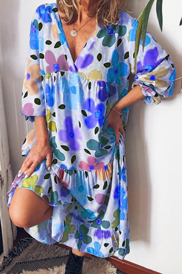 V-neck Flower Printed Loose Dress