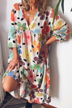 V-neck Flower Printed Loose Dress