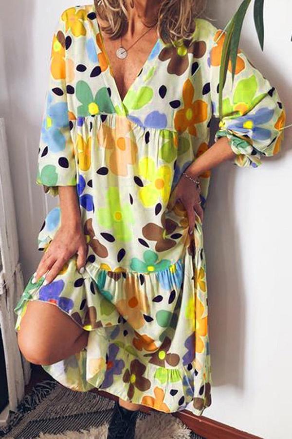 V-neck Flower Printed Loose Dress