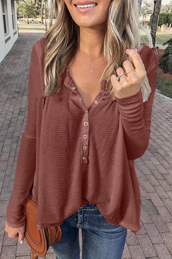 Solid Color V-neck Long Sleeve T-shirt