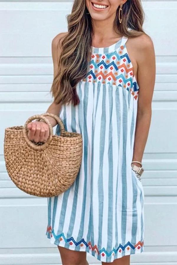 Striped Printed Sleeveless Casual Dress