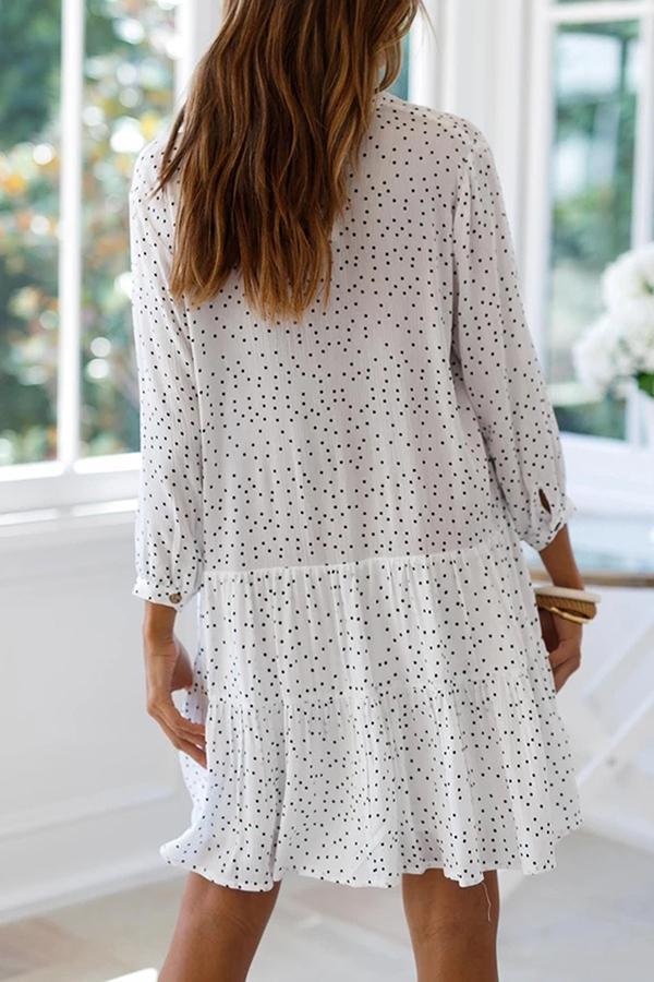 Dot Printed V-neck Buttoned Dress