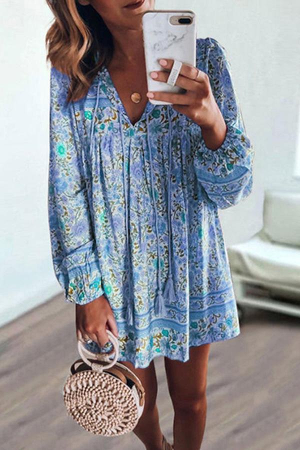 Long Sleeve Tasseled Floral Dress