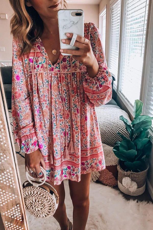 Long Sleeve Tasseled Floral Dress