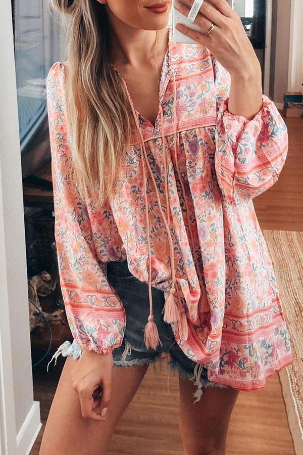 Long Sleeve Tasseled Floral Dress