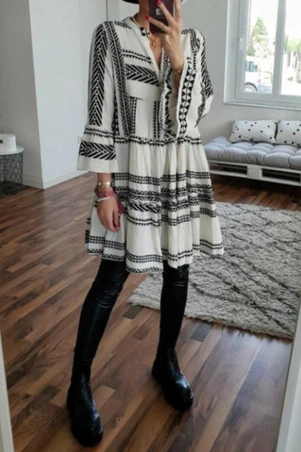 Geometric Printed V-neck Loose Dress