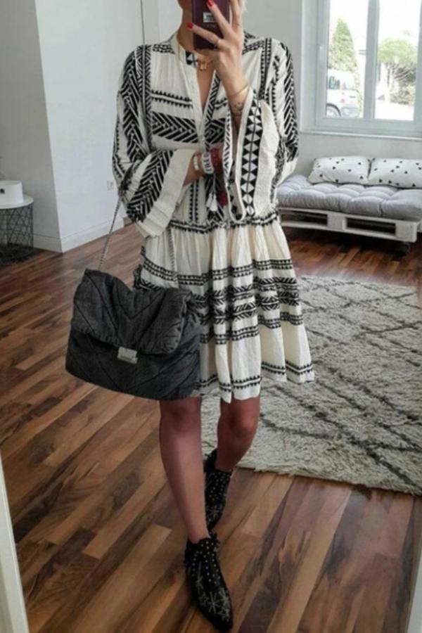 Geometric Printed V-neck Loose Dress