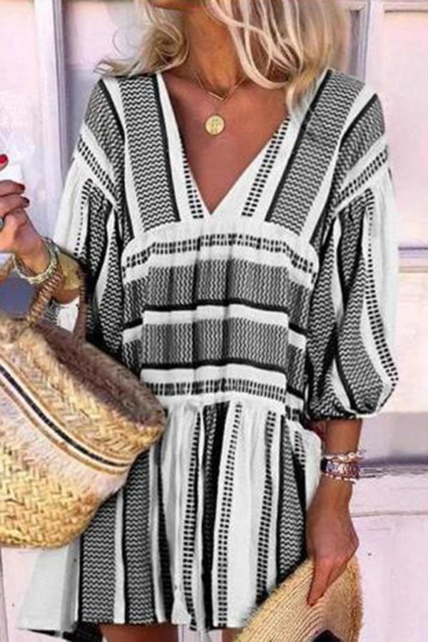 Striped V-neck Puff Sleeve Dress