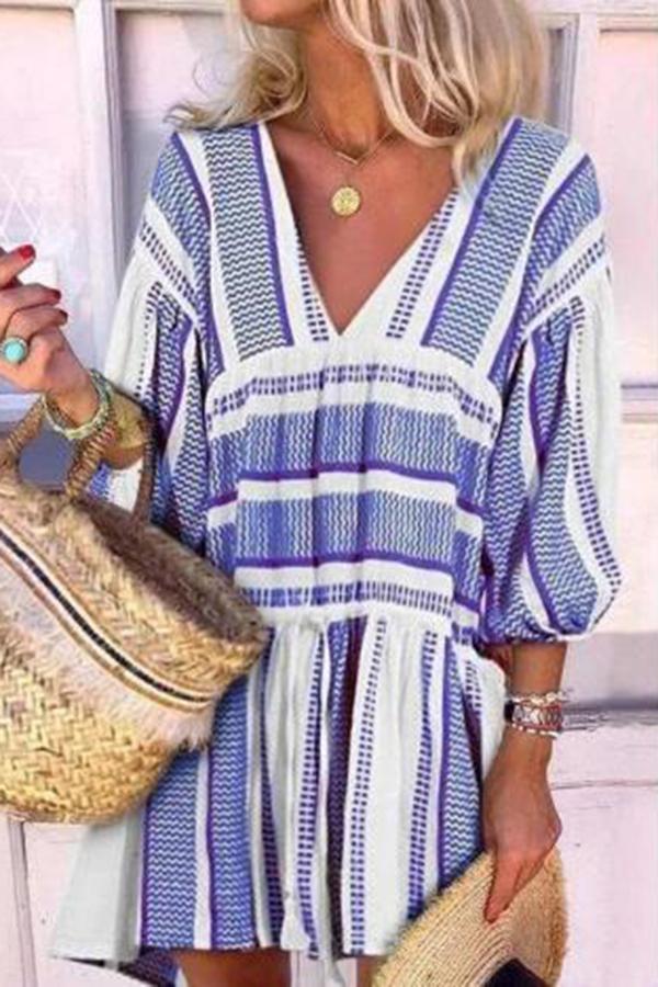 Striped V-neck Puff Sleeve Dress