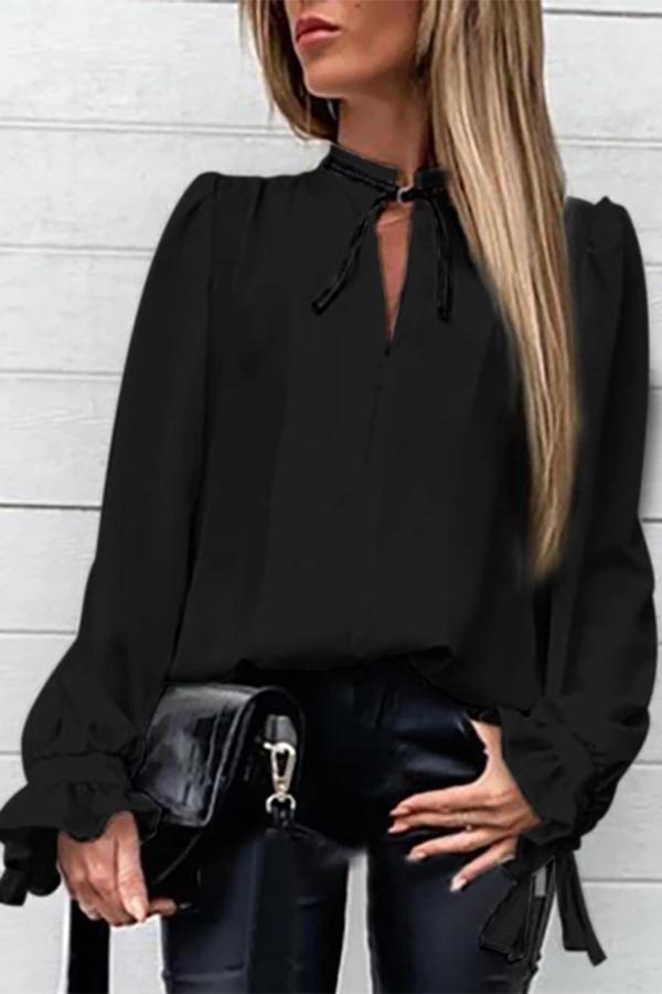 Long-sleeved Lace-up Solid Color Shirt