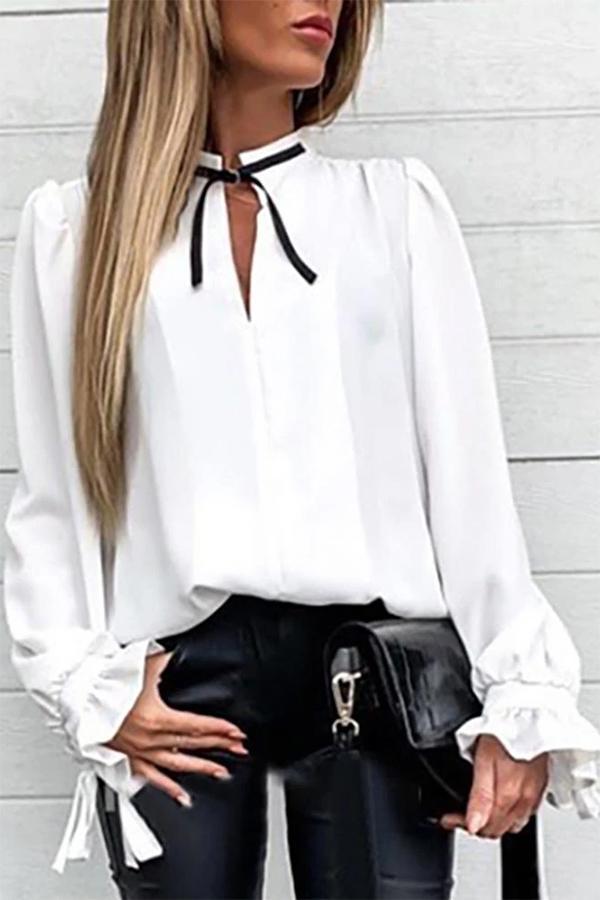 Long-sleeved Lace-up Solid Color Shirt