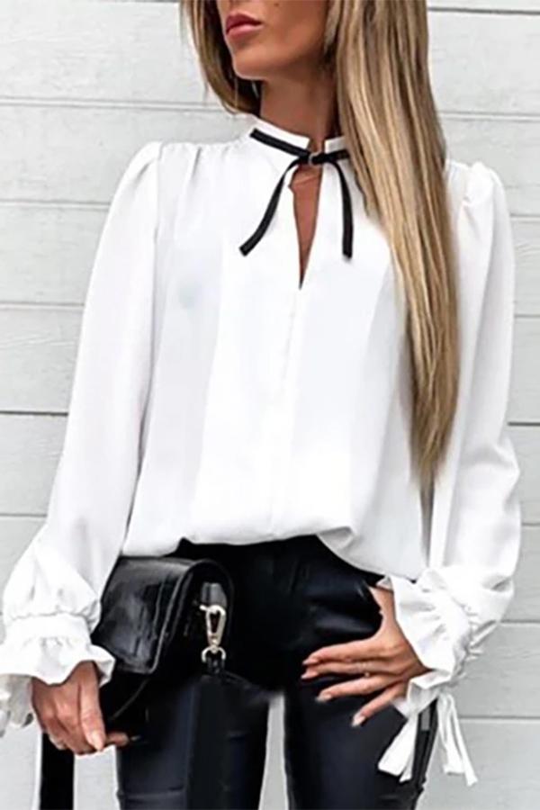 Long-sleeved Lace-up Solid Color Shirt