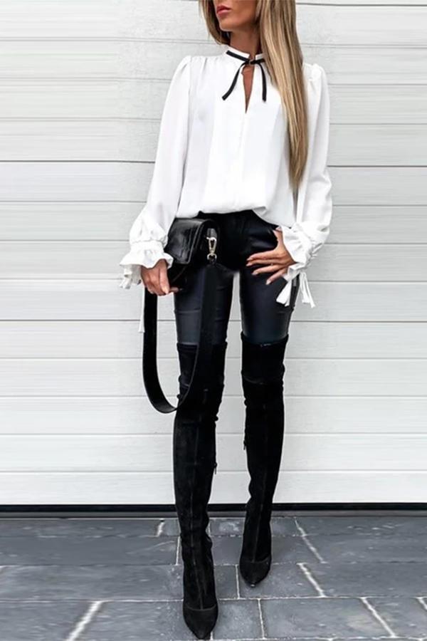 Long-sleeved Lace-up Solid Color Shirt