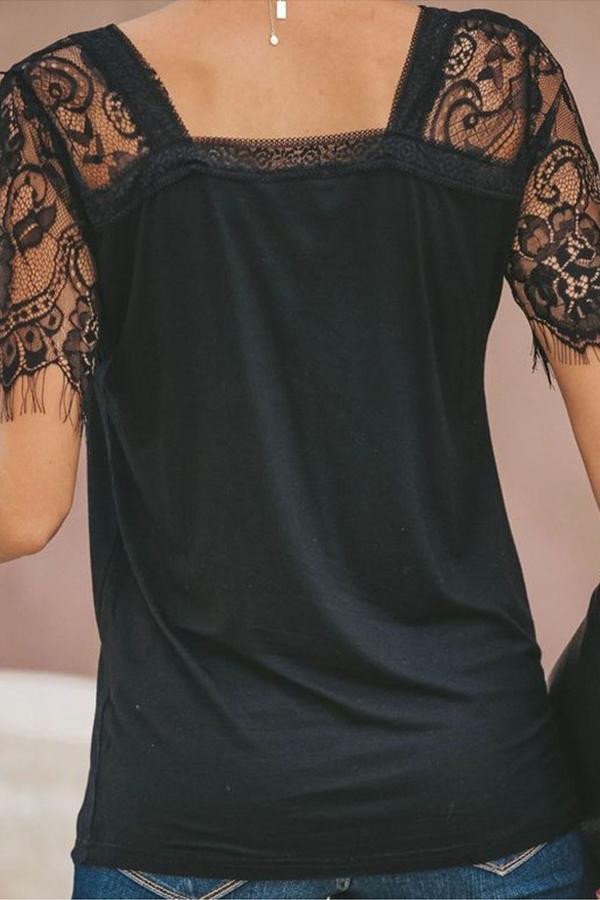 Solid Color Lace Stitching T-shirt