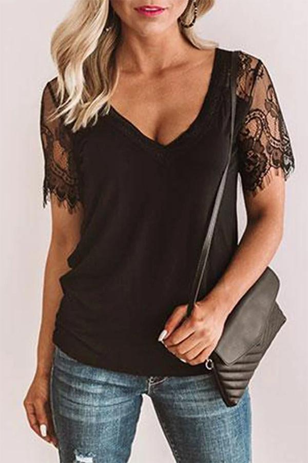 Solid Color Lace Stitching T-shirt