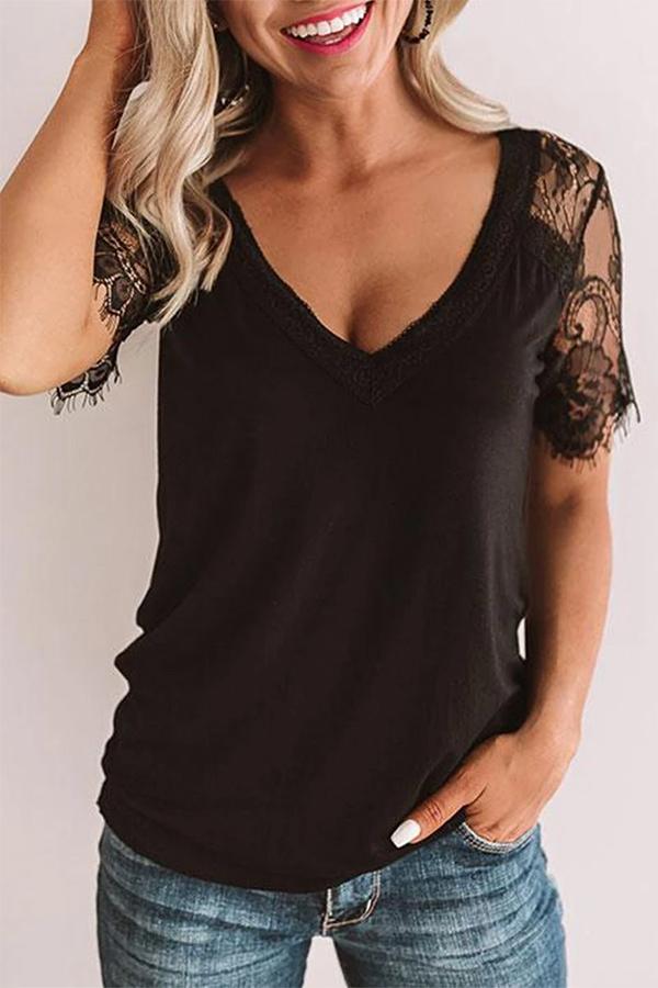 Solid Color Lace Stitching T-shirt