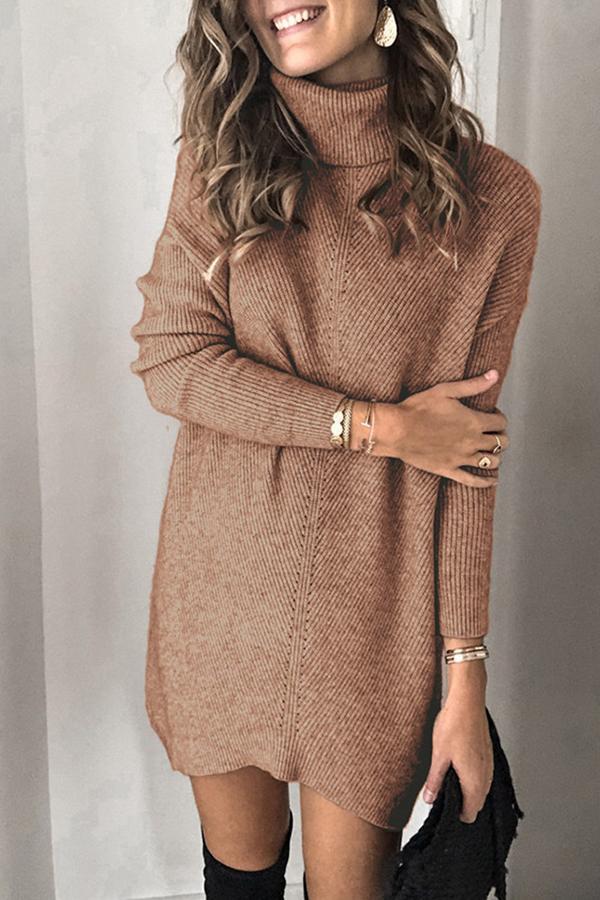 Turtle Neck Solid Color Knitted Dress