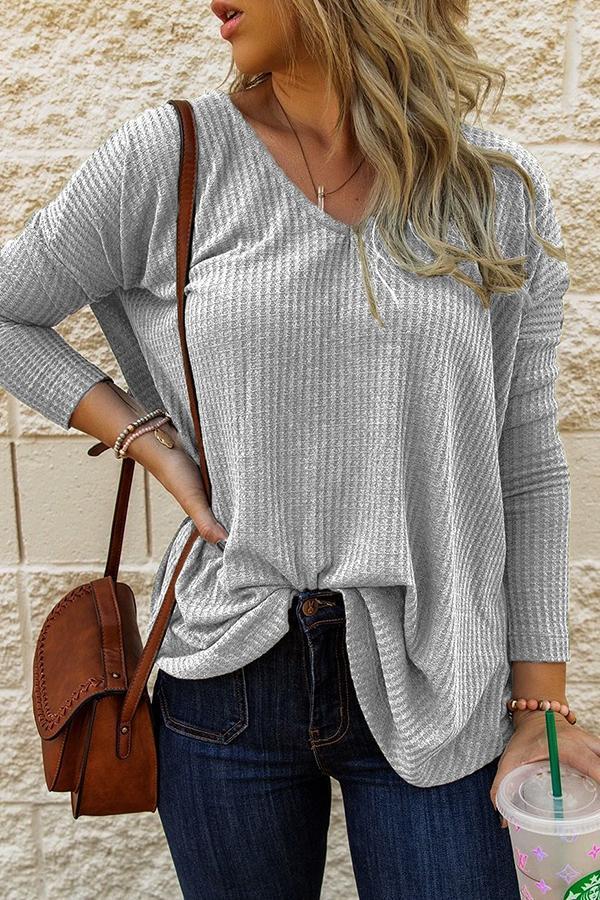 V-neck Knitted Long Sleeve T-shirt