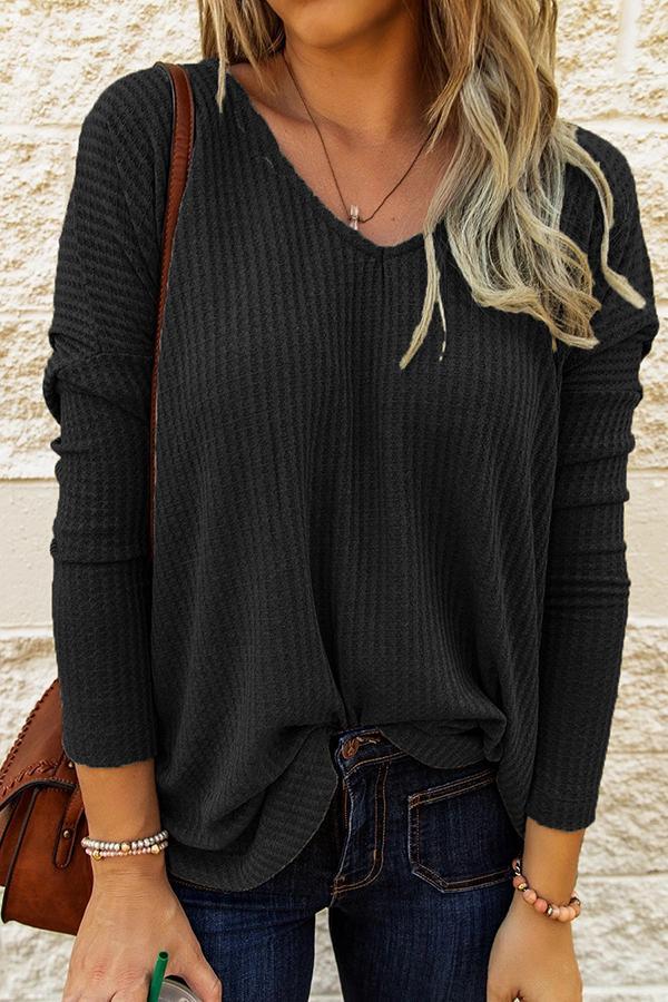 V-neck Knitted Long Sleeve T-shirt