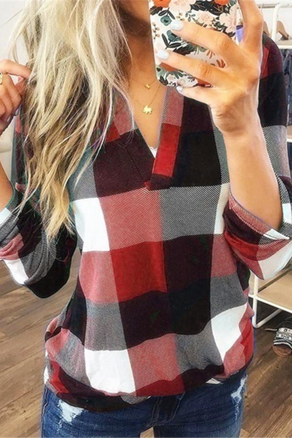 Plaid V-neck Long Sleeve T-shirt