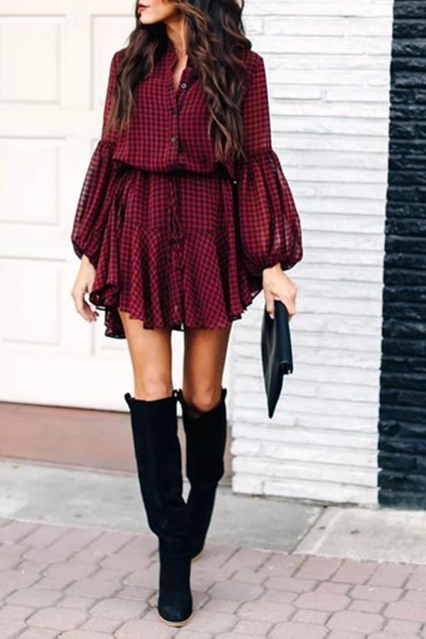 Plaid Lantern Sleeve Dress